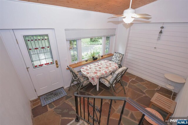 76 Spring Valley Rd, Montvale, NJ 07645 - dining space with stone finish flooring, ceiling fan, and wood ceiling
