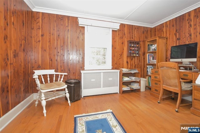 76 Spring Valley Rd, Montvale, NJ 07645 - office area featuring ornamental molding, wood walls, wood finished floors, and radiator heating unit
