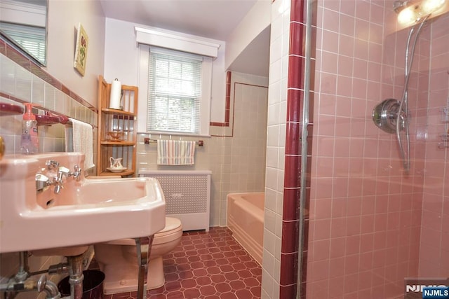76 Spring Valley Rd, Montvale, NJ 07645 - full bathroom featuring tile walls, toilet, a shower, a tub, and tile patterned floors