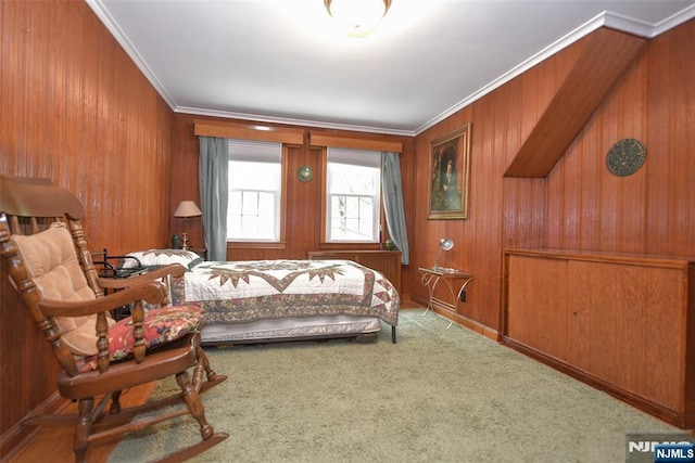 76 Spring Valley Rd, Montvale, NJ 07645 - bedroom featuring crown molding, carpet, and wood walls