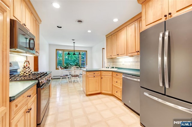 66 Hoffman Ct, River Vale, NJ 07675 - kitchen with appliances with stainless steel finishes, light brown cabinetry, light floors, decorative backsplash, and recessed lighting