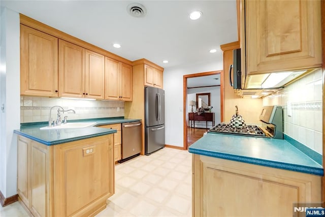 66 Hoffman Ct, River Vale, NJ 07675 - kitchen with stainless steel appliances, light brown cabinetry, light flooring, a sink, and backsplash