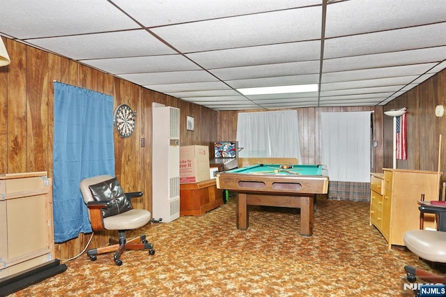 328-330 Hoover Ave, Bloomfield, NJ 07003 - playroom with a heating unit, wooden walls, a drop ceiling, billiards table, and carpet
