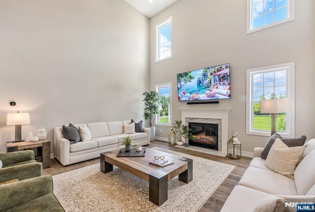 15 Meadowbrook Rd, Upper Saddle River, NJ 07458 - living area featuring a high ceiling, a high end fireplace, wood finished floors, and baseboards