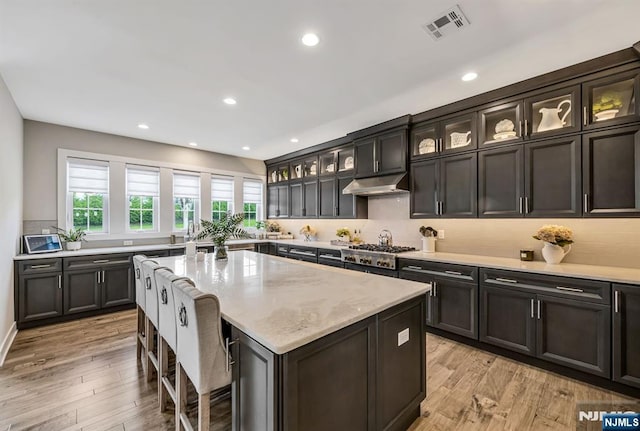 15 Meadowbrook Rd, Upper Saddle River, NJ 07458 - kitchen with stainless steel gas stovetop, under cabinet range hood, a center island, light stone counters, and light wood-style floors
