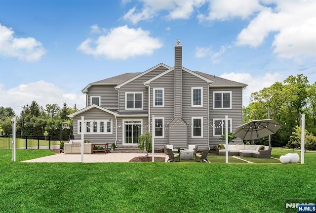 15 Meadowbrook Rd, Upper Saddle River, NJ 07458 - back of property with outdoor lounge area, a patio area, entry steps, and a chimney