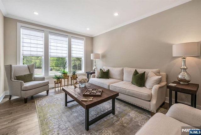 15 Meadowbrook Rd, Upper Saddle River, NJ 07458 - living room with ornamental molding, wood finished floors, baseboards, and recessed lighting
