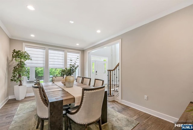 15 Meadowbrook Rd, Upper Saddle River, NJ 07458 - dining space with ornamental molding, baseboards, recessed lighting, wood finished floors, and stairs