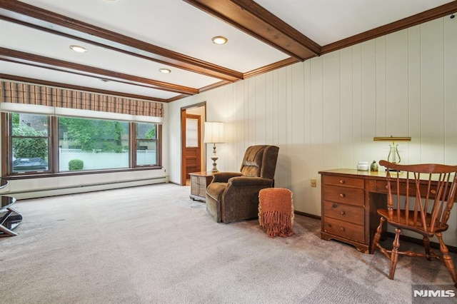 526 Cleveland Ave, River Vale, NJ 07675 - sitting room featuring a baseboard heating unit, beamed ceiling, carpet floors, crown molding, and an office area
