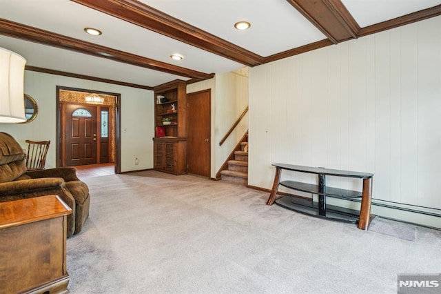 526 Cleveland Ave, River Vale, NJ 07675 - living area featuring stairway, carpet floors, beam ceiling, ornamental molding, and baseboards