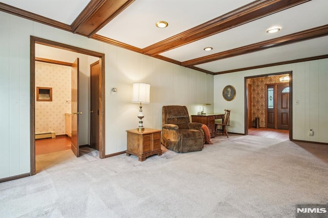 526 Cleveland Ave, River Vale, NJ 07675 - sitting room featuring baseboard heating, ornamental molding, carpet floors, beam ceiling, and baseboards