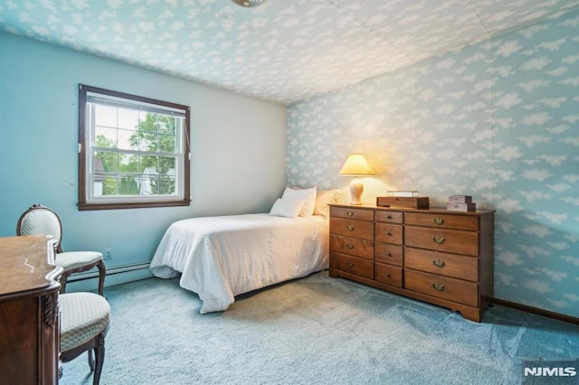 526 Cleveland Ave, River Vale, NJ 07675 - carpeted bedroom featuring wallpapered walls, a baseboard heating unit, and baseboards
