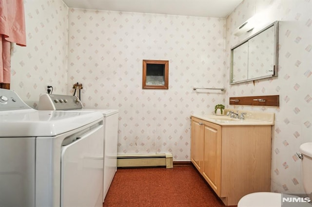 526 Cleveland Ave, River Vale, NJ 07675 - laundry room with washing machine and dryer, a baseboard radiator, and wallpapered walls