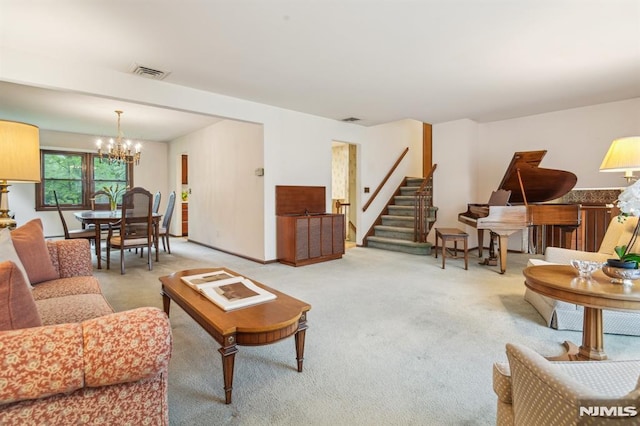 526 Cleveland Ave, River Vale, NJ 07675 - living room with a chandelier, light colored carpet, and stairway