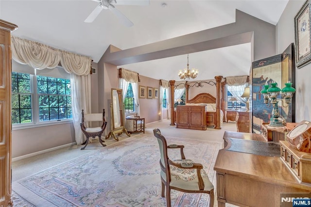  - carpeted bedroom with lofted ceiling, a chandelier, and baseboards