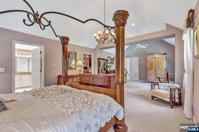  - carpeted bedroom with lofted ceiling, a chandelier, ensuite bathroom, and recessed lighting