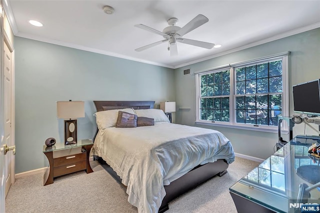  - bedroom with baseboards, carpet, recessed lighting, ornamental molding, and ceiling fan