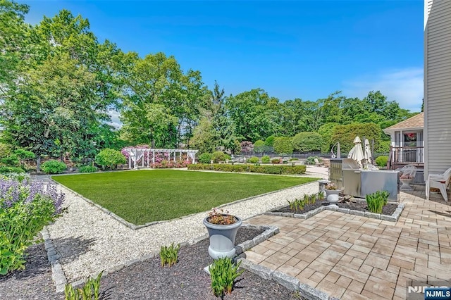  - view of green lawn featuring a patio