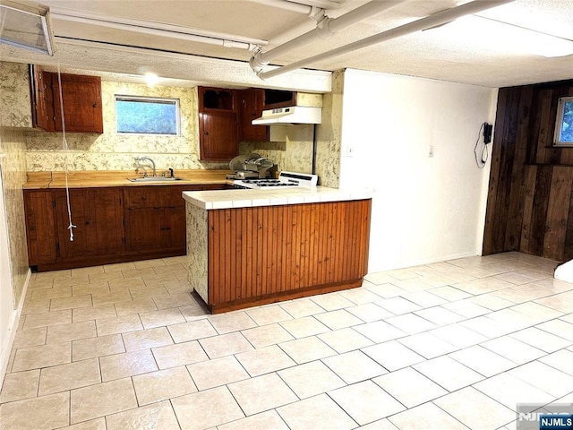128 Oak Ridge Ave, Nutley, NJ 07110 - kitchen featuring a sink, tile countertops, under cabinet range hood, white range, and wooden walls