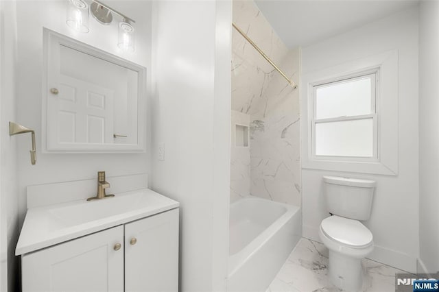 93 Stelfox St, Demarest, NJ 07627 - full bathroom featuring marble finish floors, vanity, toilet, baseboards, and shower / bath combination