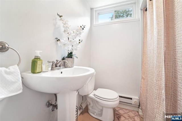 26 Howard Pl, Waldwick, NJ 07463 - bathroom featuring baseboard heating, toilet, curtained shower, and tile patterned floors