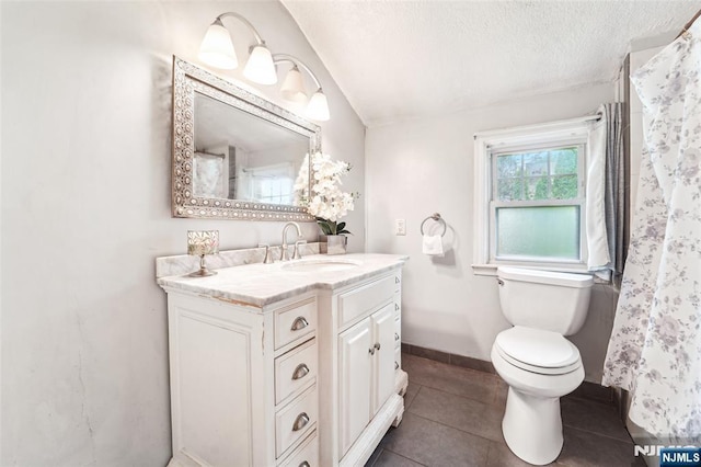 26 Howard Pl, Waldwick, NJ 07463 - full bath with vanity, a textured ceiling, toilet, tile patterned flooring, and curtained shower