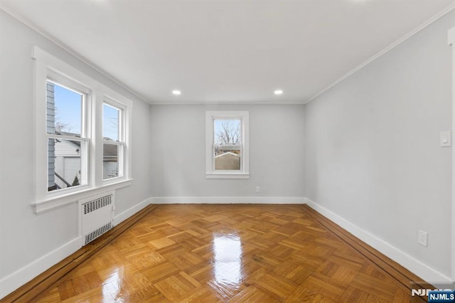 49 Oakwood Ave, Bloomfield, NJ 07003 - unfurnished room featuring radiator heating unit, baseboards, plenty of natural light, ornamental molding, and recessed lighting