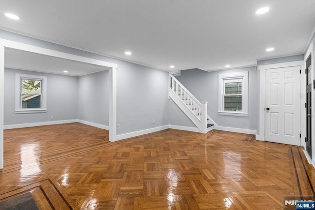 49 Oakwood Ave, Bloomfield, NJ 07003 - basement featuring baseboards, stairs, and recessed lighting