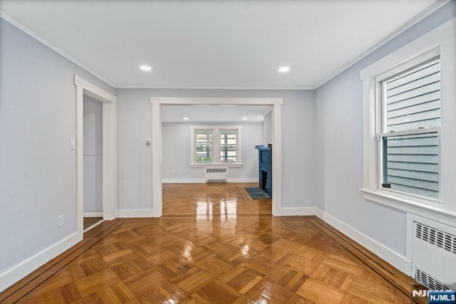 49 Oakwood Ave, Bloomfield, NJ 07003 - hallway with baseboards, radiator heating unit, recessed lighting, and crown molding
