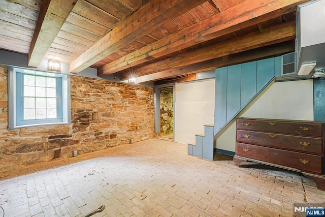 58 Maple Ave, Montville Township, NJ 07058 - basement featuring wood ceiling, stairs, and brick patterned floors
