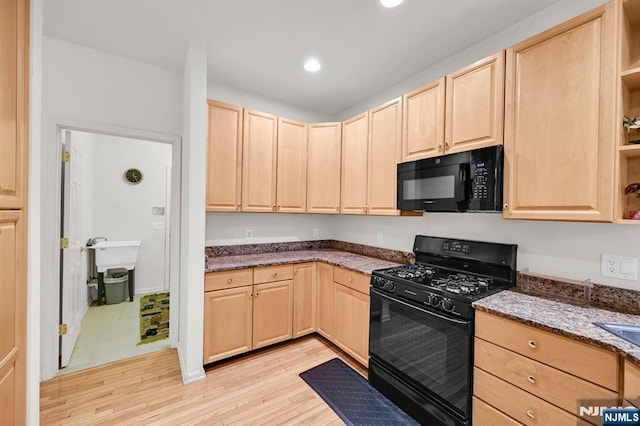8 Pine Lake Ter Unit T008, River Vale, NJ 07675 - kitchen featuring black appliances, light brown cabinets, light wood-style floors, open shelves, and recessed lighting