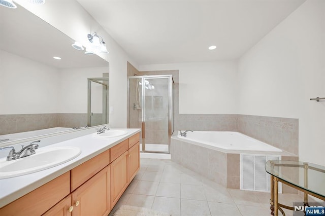 8 Pine Lake Ter Unit T008, River Vale, NJ 07675 - full bath featuring a bath, tile patterned flooring, a stall shower, and double vanity