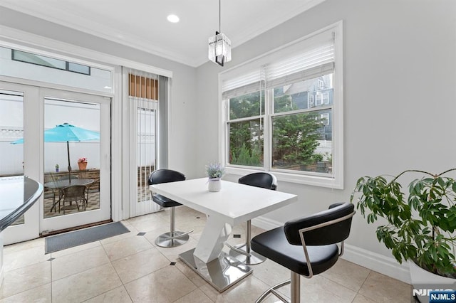 52 Myrtle Ave Unit B, Edgewater, NJ 07020 - dining area featuring crown molding, light tile patterned flooring, baseboards, and recessed lighting
