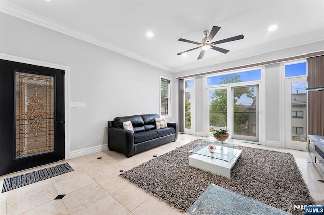 52 Myrtle Ave Unit B, Edgewater, NJ 07020 - living room featuring crown molding, a ceiling fan, baseboards, light tile patterned floors, and recessed lighting