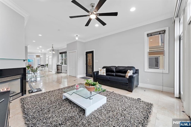 52 Myrtle Ave Unit B, Edgewater, NJ 07020 - living area featuring light tile patterned floors, crown molding, baseboards, recessed lighting, and ceiling fan