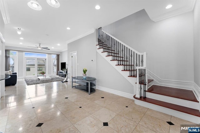 52 Myrtle Ave Unit B, Edgewater, NJ 07020 - stairway featuring ornamental molding, tile patterned flooring, ceiling fan, baseboards, and recessed lighting