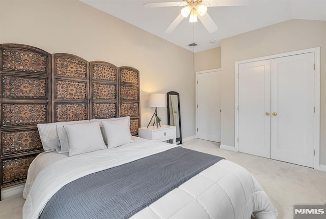 173 Sheridan Ave, Ho-Ho-Kus, NJ 07423 - bedroom featuring light colored carpet, a ceiling fan, baseboards, a closet, and vaulted ceiling