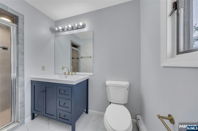 2410 3rd St, Fort Lee, NJ 07024 - full bathroom with marble look tiles, toilet, vanity, and a shower stall