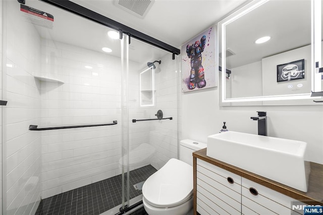 344 Northwood Way, Palisades Park, NJ 07650 - bathroom with a shower stall, toilet, vanity, and recessed lighting