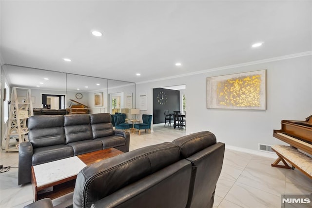 45 Longridge Rd, Montvale, NJ 07645 - living area featuring light marble finish flooring, ornamental molding, recessed lighting, and baseboards