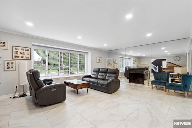 45 Longridge Rd, Montvale, NJ 07645 - living area featuring ornamental molding, light marble finish flooring, healthy amount of natural light, recessed lighting, and baseboards