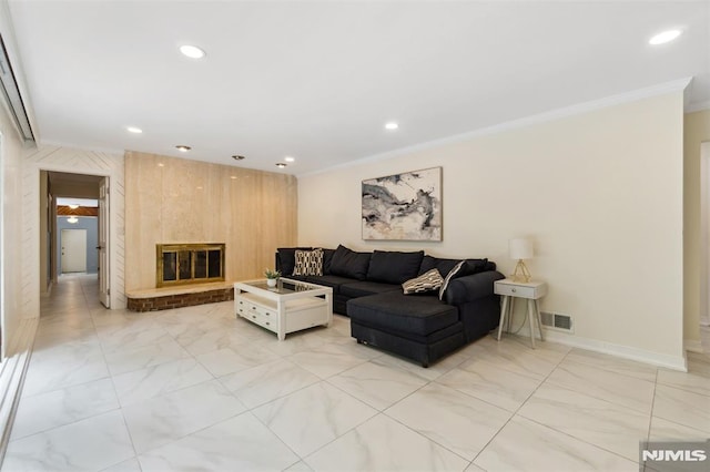 45 Longridge Rd, Montvale, NJ 07645 - living area with ornamental molding, recessed lighting, light marble finish floors, a glass covered fireplace, and baseboards