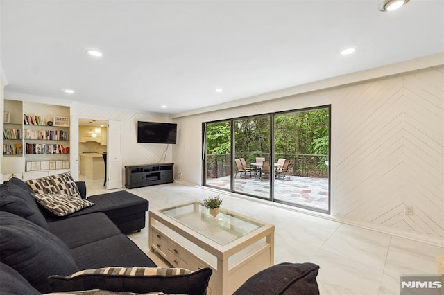45 Longridge Rd, Montvale, NJ 07645 - living room with light marble finish flooring, recessed lighting, crown molding, and wooden walls