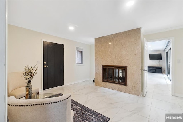 45 Longridge Rd, Montvale, NJ 07645 - living room with a multi sided fireplace, baseboards, crown molding, and recessed lighting
