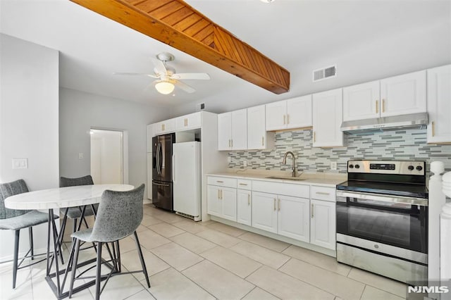 45 Longridge Rd, Montvale, NJ 07645 - kitchen featuring stainless steel electric range, under cabinet range hood, freestanding refrigerator, and a sink