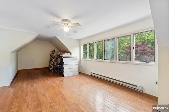 45 Longridge Rd, Montvale, NJ 07645 - bonus room featuring a baseboard radiator, ceiling fan, light wood finished floors, vaulted ceiling, and baseboards