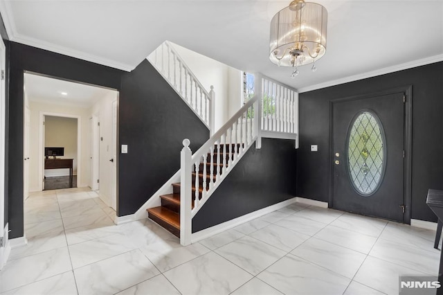 45 Longridge Rd, Montvale, NJ 07645 - foyer featuring stairway, crown molding, a chandelier, baseboards, and marble look tiles