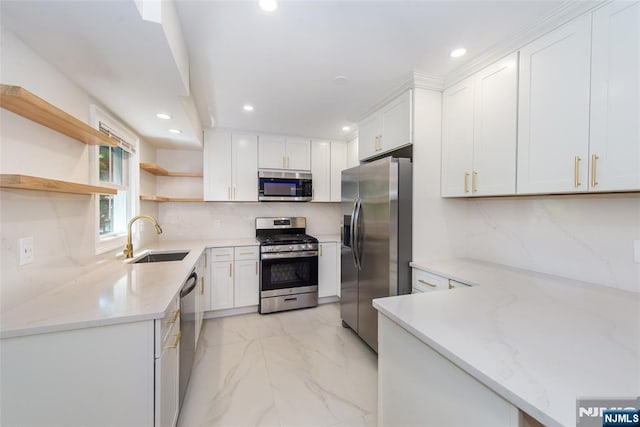112 Fern St, Twp Of Washington, NJ 07676 - kitchen featuring stainless steel appliances, a sink, light marble finish flooring, open shelves, and recessed lighting