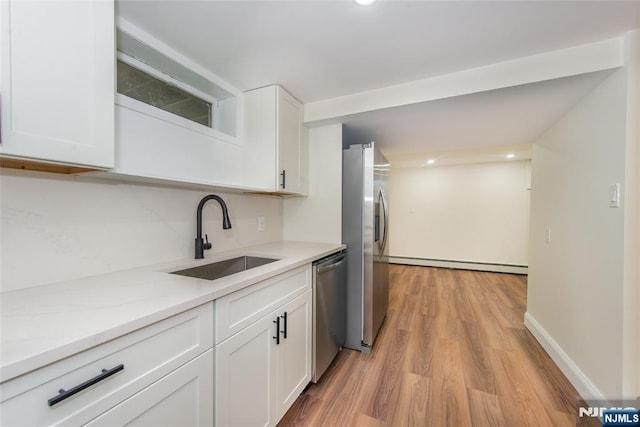 112 Fern St, Twp Of Washington, NJ 07676 - kitchen with a sink, appliances with stainless steel finishes, a baseboard heating unit, white cabinets, and light wood finished floors