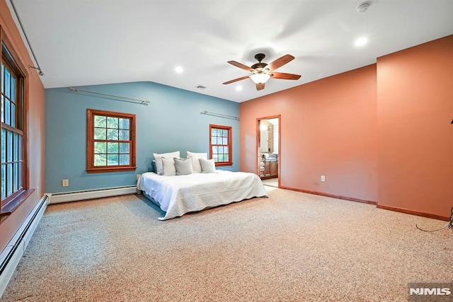 68 Birch St, Ramsey, NJ 07446 - carpeted bedroom featuring a baseboard heating unit, lofted ceiling, baseboards, recessed lighting, and ceiling fan